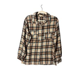 Kori America Women Shacket S Brown Blue Plaid Wool Blend Snap Front Gorpcore